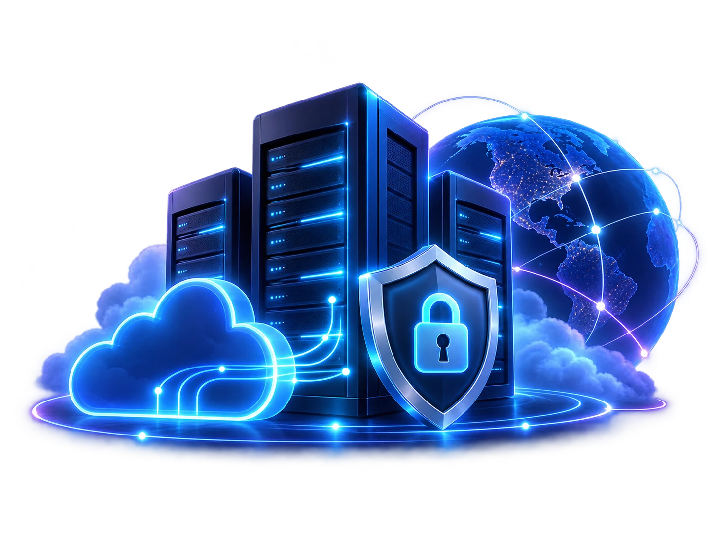 Blue hosting servers, a cloud and a security shield beside a connected globe