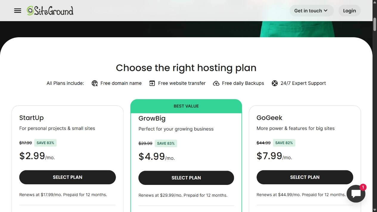 Official SiteGround public pricing page showing the captured plan choices and billing information